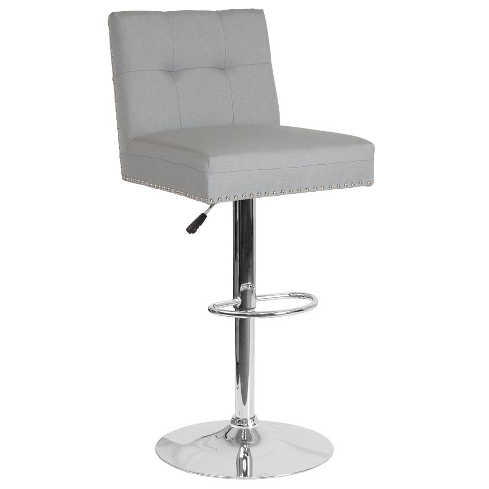 Contemporary Adjustable Height Tufted Back Barstool with Accent Nail Trim in Light Gray Fabric