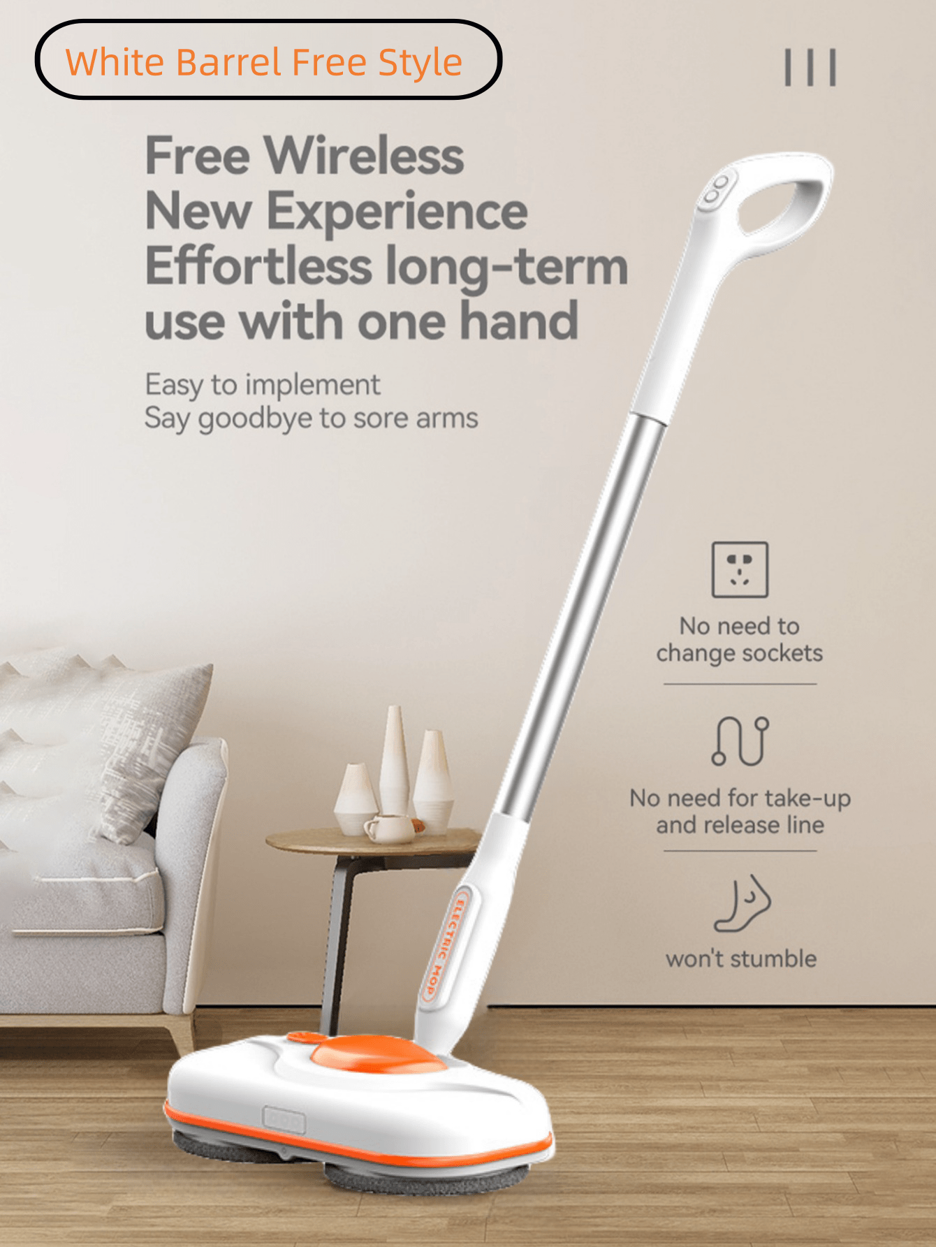 1pc White Cordless Electric Mop Without Bucket With Full-Automatic Functionality. One-Click Spray, Handheld Electric Mop For Floor Cleaning. Cordless Rotating Electric Mop For Daily Cleaning Of Hardwood, Ceramic Tile, Laminate Flooring And Lighting