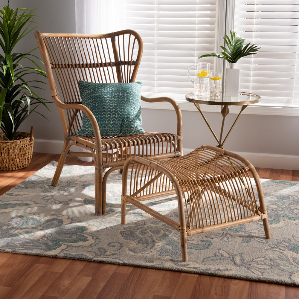 Lamaria Modern Bohmenian Natural Brown Antique Rattan 2-piece Chair And Footstool Set