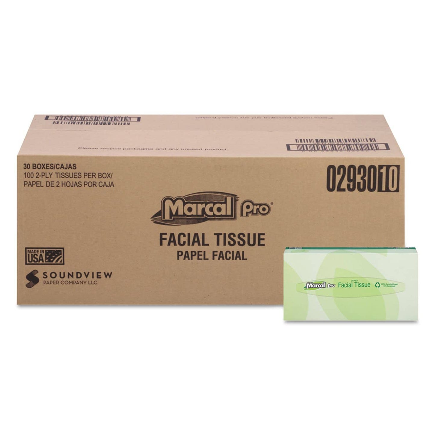 Marcal 100% Recycled Convenience Pack Facial Tissue, Septic Safe, 2-Ply, White, 100 Sheets/Box, 30 Boxes/Carton - MRC2930