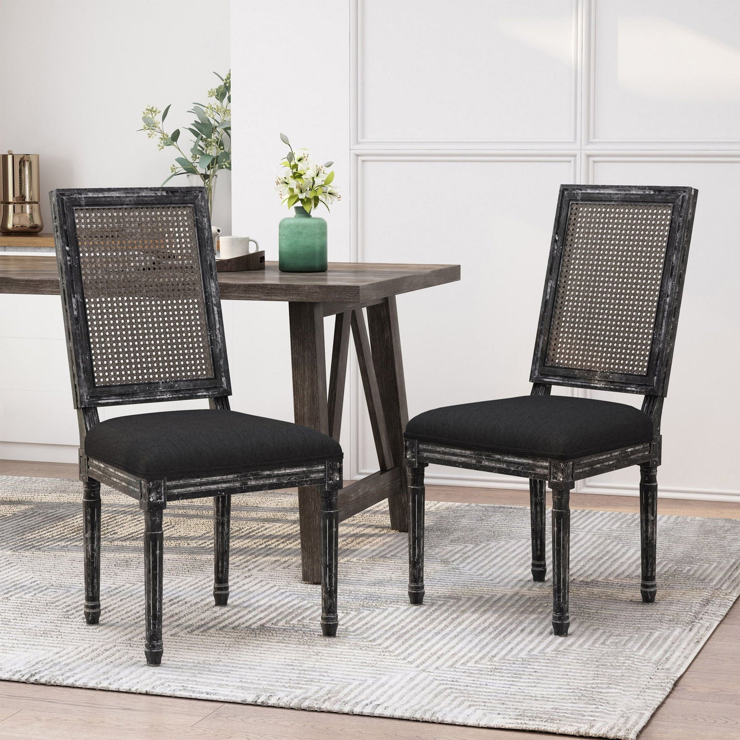 Dining Chair - Black - Rattan / Fabric