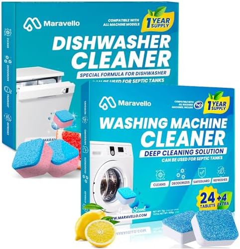 Maravello Washing Machine And Dishwasher Cleaning Tablets Bundle - Includes 12 Month Supply Dishwasher Cleaner Deodorizer and Washing Machine Descaler Deep Cleaning Tablets - 56 pcs