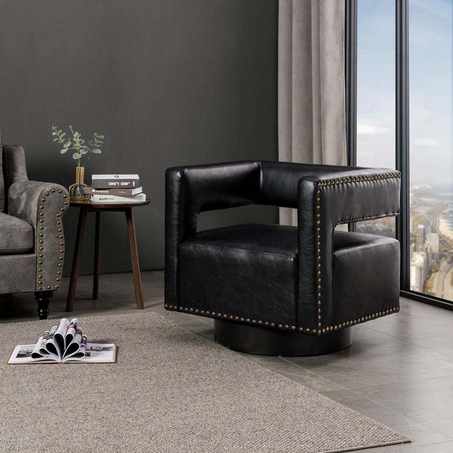 Martaci Vegan Leather Swivel Barrel Chair - Hulala Home