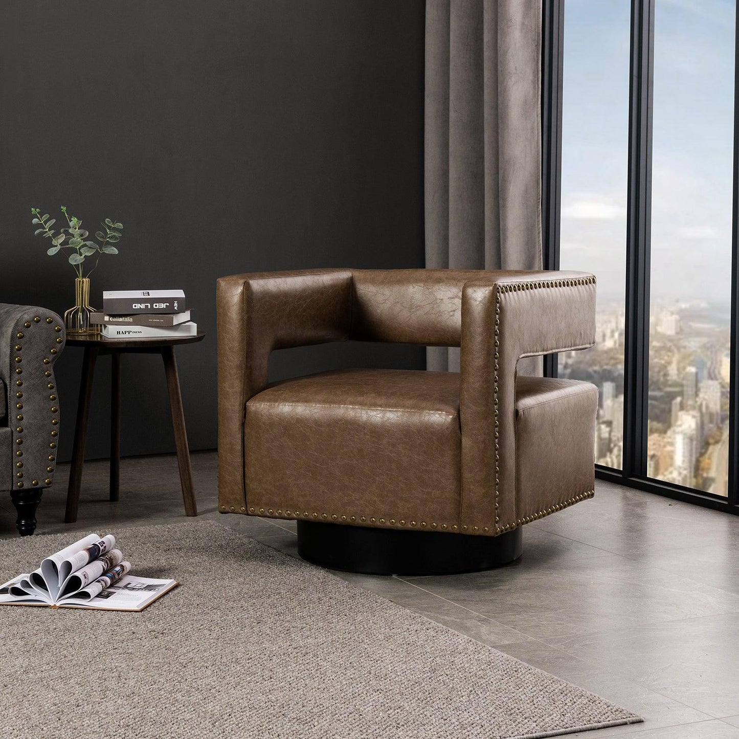 Martaci Vegan Leather Swivel Barrel Chair - Hulala Home