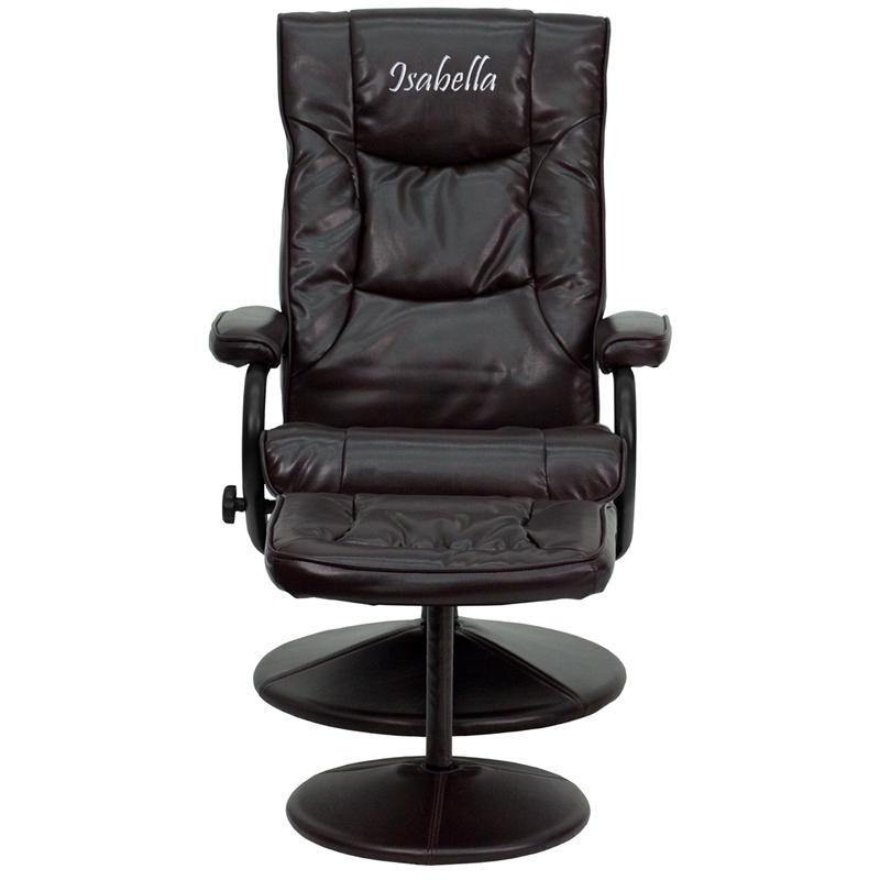 Personalized Contemporary Multi-Position Recliner and Ottoman with Wrapped Base in Brown LeatherSoft