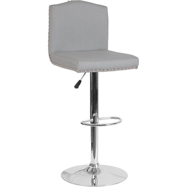 Bellagio Contemporary Adjustable Height Barstool with Accent Nail Trim in Light Gray Fabric