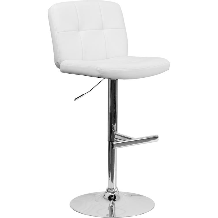 Contemporary White Vinyl Adjustable Height Barstool with Square Tufted Back and Chrome Base