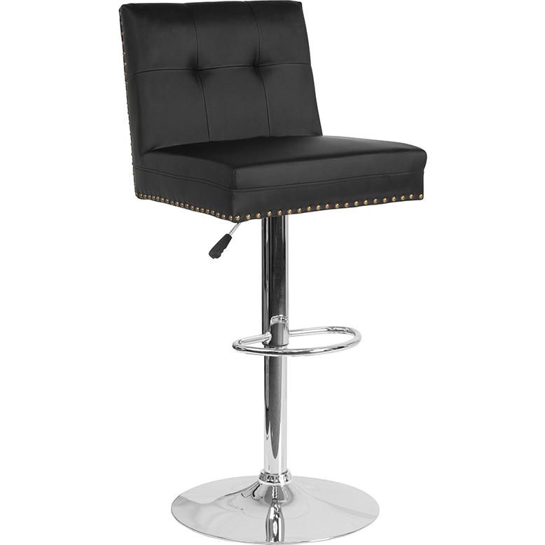 Ravello Contemporary Adjustable Height Barstool with Accent Nail Trim in Black LeatherSoft