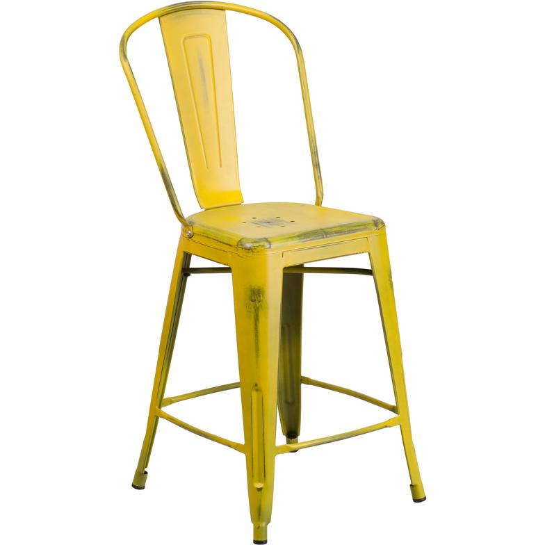 Commercial Grade 24" High Distressed Yellow Metal Indoor-Outdoor Counter Height Stool with Back