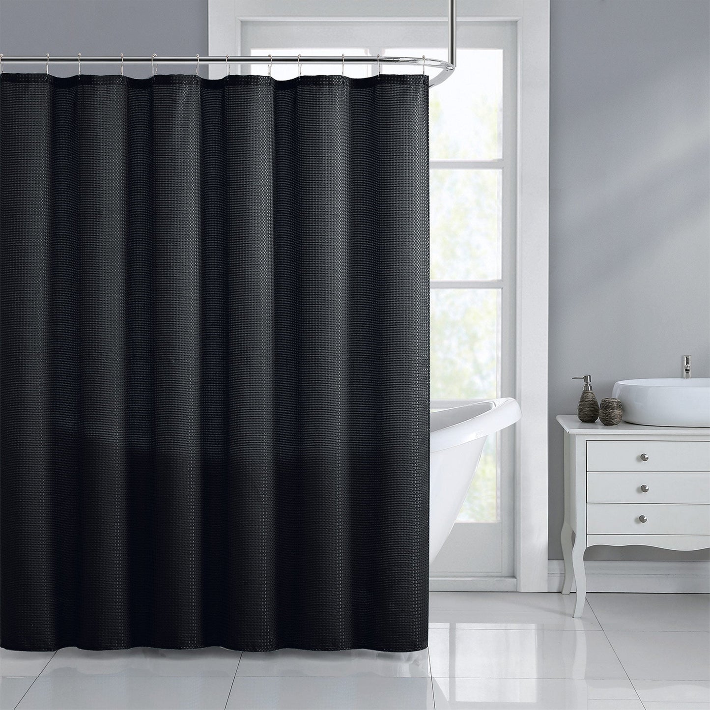 My Store 13 Piece Jacquard Dobby Shower Curtain Set with Hooks, Black, 70x72 Inches