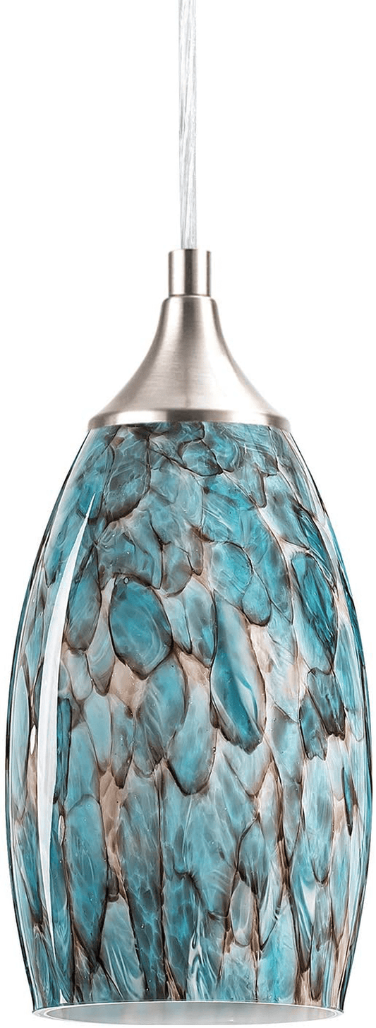 1-Light Pendant Light, Handcrafted Art Glass Hanging Light with Brushed Nickel Finished Adjustable Cord for Kitchen Island (Blue)