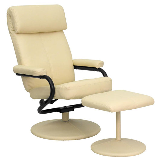 Contemporary Multi-Position Headrest Recliner and Ottoman with Wrapped Base in Cream LeatherSoft