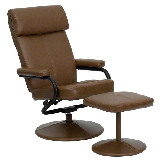 Contemporary Multi-Position Headrest Recliner and Ottoman with Wrapped Base in Palimino LeatherSoft