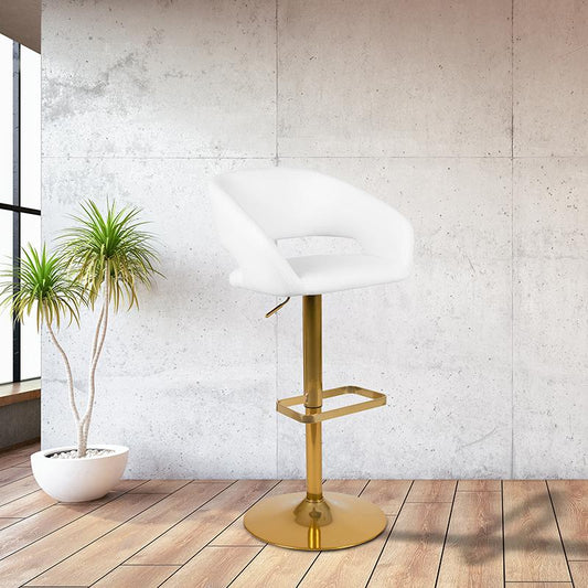 Contemporary White Vinyl Adjustable Height Barstool with Rounded Mid-Back and Gold Base