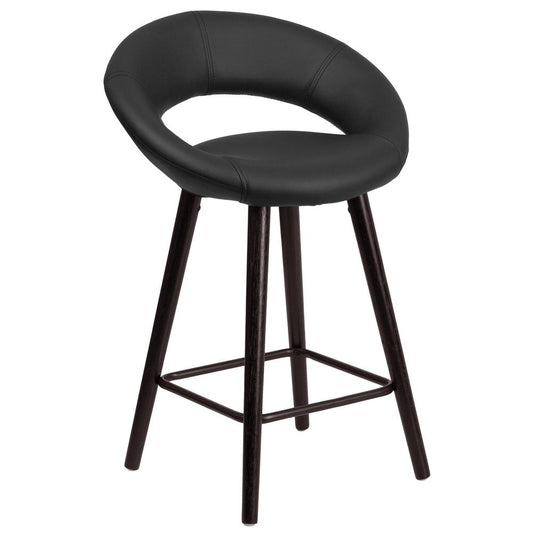 24'' High Contemporary Cappuccino Wood Rounded Back Counter Height Stool in Black Vinyl