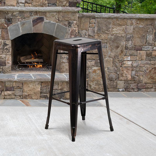Commercial Grade 30" High Backless Black-Antique Gold Metal Indoor-Outdoor Barstool with Square Seat