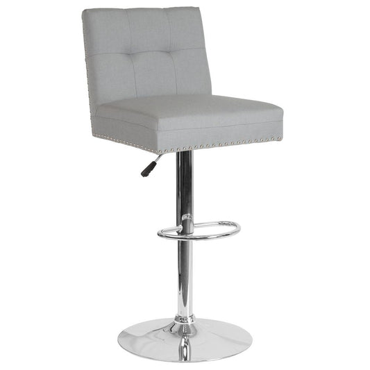 Contemporary Adjustable Height Tufted Back Barstool with Accent Nail Trim in Light Gray Fabric
