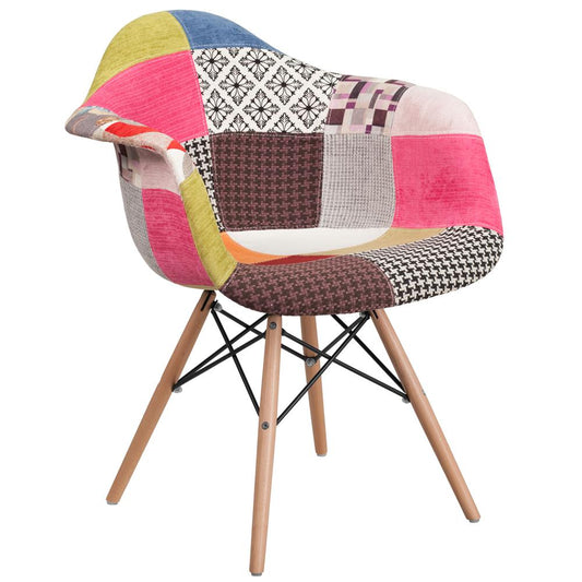 Milan Patchwork Fabric Chair with Arms and Wooden Legs
