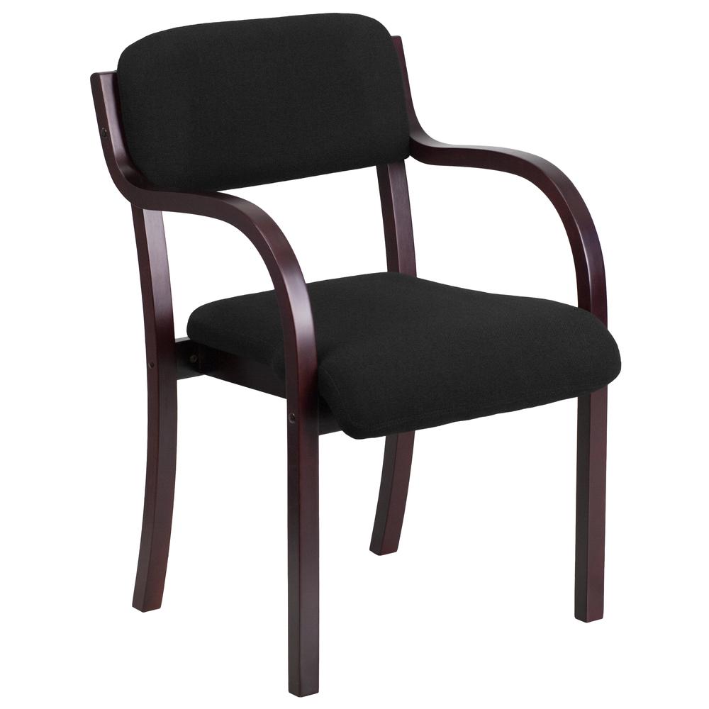Contemporary Mahogany Wood Side Reception Chair with Arms and Black Fabric Seat