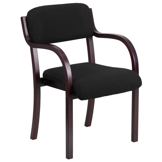 Contemporary Mahogany Wood Side Reception Chair with Arms and Black Fabric Seat