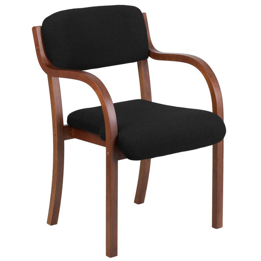Contemporary Walnut Wood Side Reception Chair with Arms and Black Fabric Seat