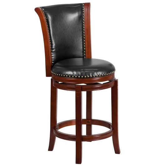 26'' High Dark Chestnut Wood Counter Height Stool with Panel Back and Black LeatherSoft Swivel Seat