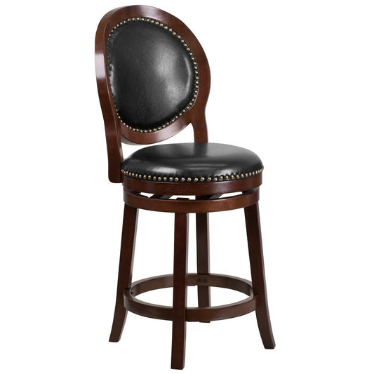 26'' High Cappuccino Counter Height Wood Stool with Oval Back and Black LeatherSoft Swivel Seat