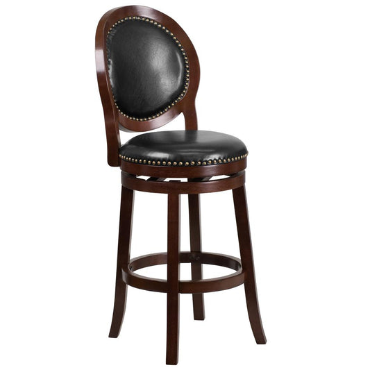 30'' High Cappuccino Wood Barstool with Oval Back and Black LeatherSoft Swivel Seat