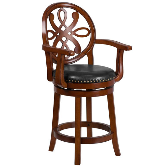 26'' High Brandy Wood Counter Height Stool with Arms, Carved Back and Black LeatherSoft Swivel Seat