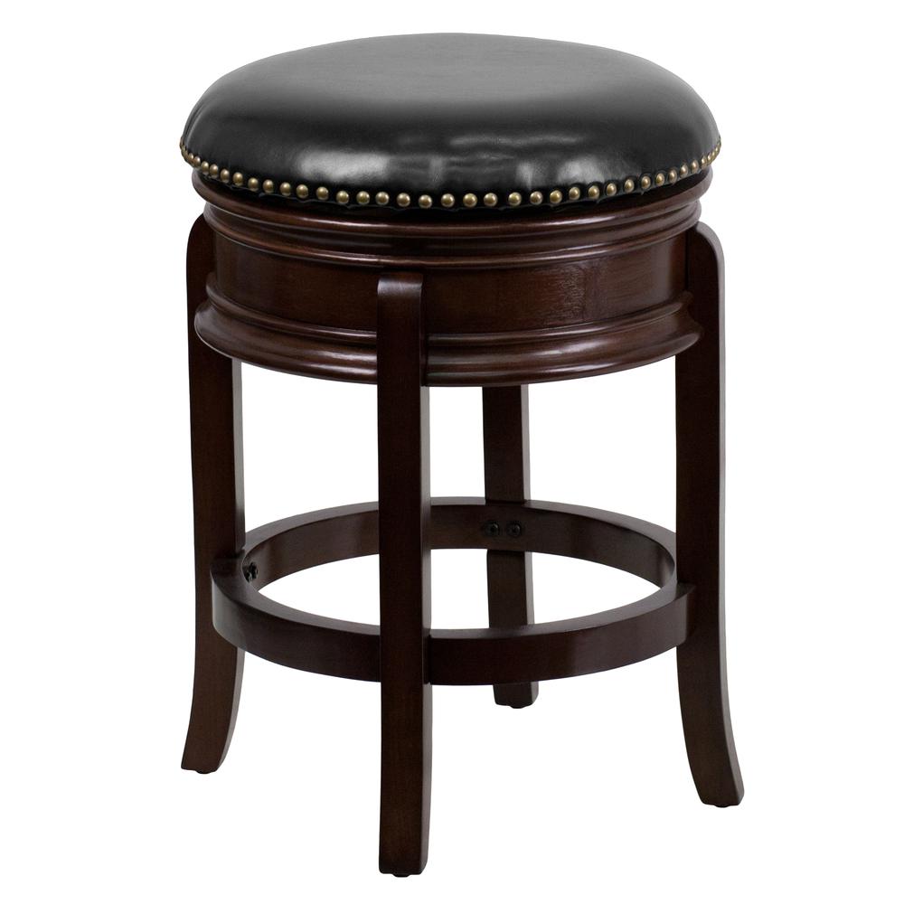 24'' High Backless Cappuccino Wood Counter Height Stool with Carved Apron and Black LeatherSoft Swivel Seat