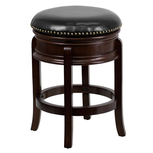 24'' High Backless Cappuccino Wood Counter Height Stool with Carved Apron and Black LeatherSoft Swivel Seat