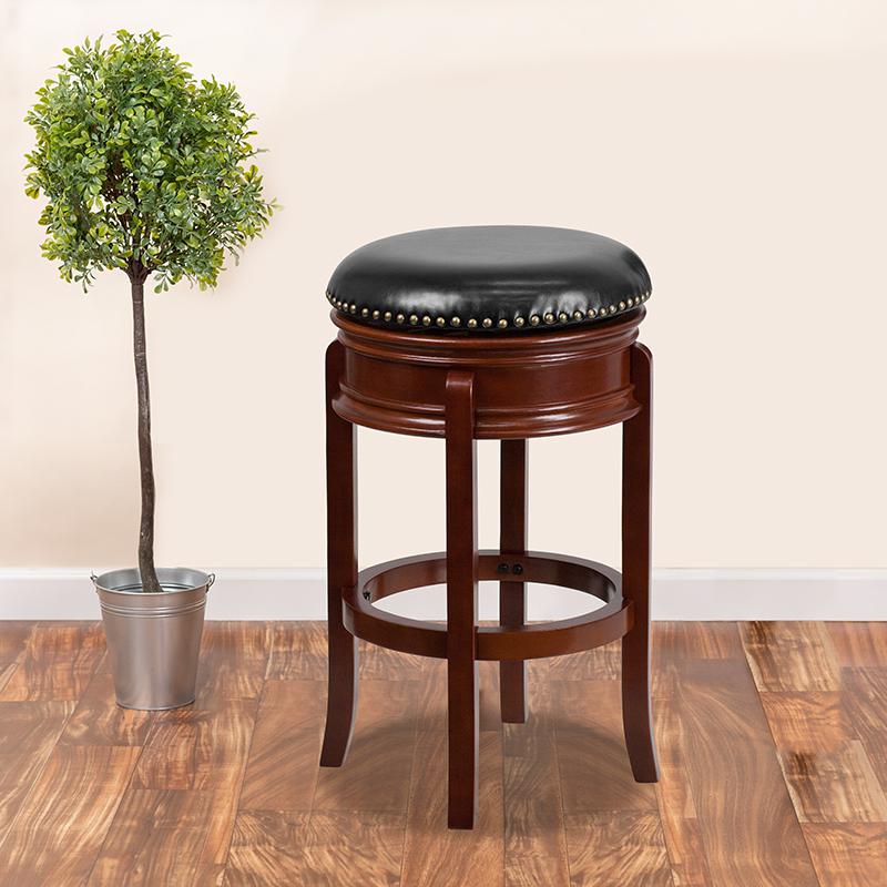 29'' High Backless Light Cherry Wood Barstool with Carved Apron and Black LeatherSoft Swivel Seat