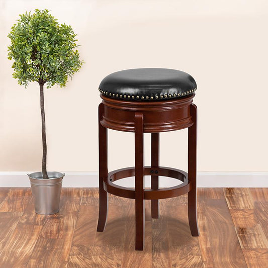 29'' High Backless Light Cherry Wood Barstool with Carved Apron and Black LeatherSoft Swivel Seat