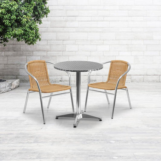 Commercial Aluminum and Beige Rattan Indoor-Outdoor Restaurant Stack Chair