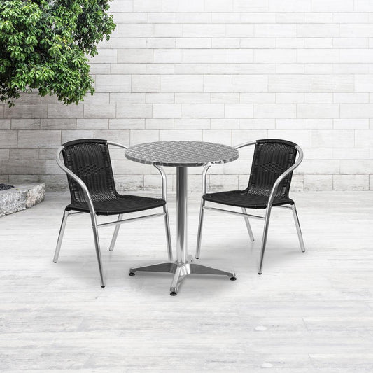Commercial Aluminum and Black Rattan Indoor-Outdoor Restaurant Stack Chair