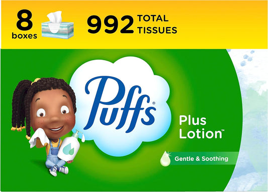 Puffs Plus Lotion Facial Tissues, 8 Family Boxes, 124 Facial Tissues per Box,