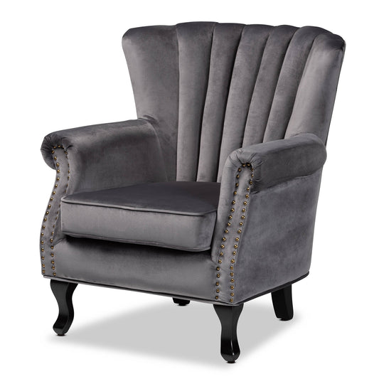Skyline Decor Relena Classic and Traditional Grey Velvet Fabric Upholstered and Dark Brown Finished Wood Armchair