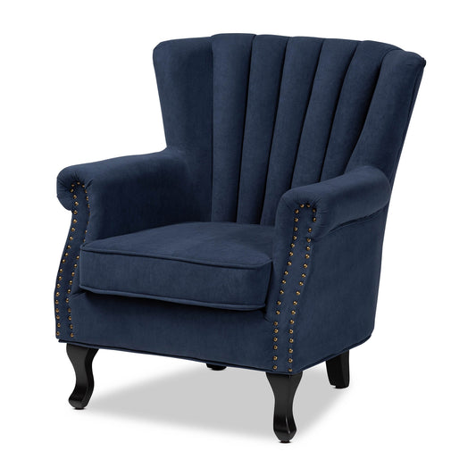 Skyline Decor Relena Classic and Traditional Navy Blue Velvet Fabric Upholstered and Dark Brown Finished Wood Armchair