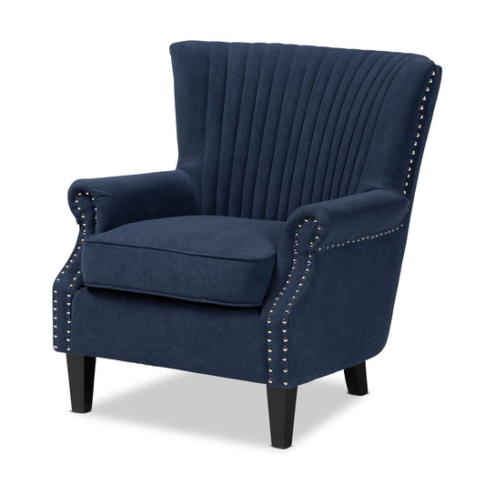 Skyline Decor Wilhelm Classic and Traditional Navy Blue Velvet Fabric Upholstered and Dark Brown Finished Wood Armchair