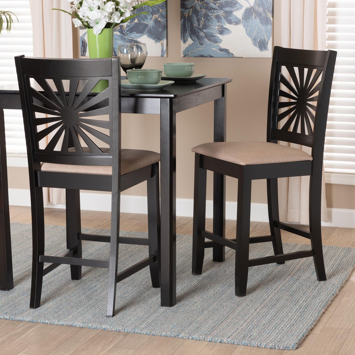 Modern Beige Fabric And Espresso Brown Finished Wood 2-piece Counter Stool Set