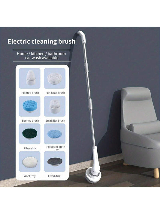 1pc Wireless Electric Spin Scrubber, Electric Shower Scrubber with 8 Replacement Brush Head, 2 Adjustable Speed, Bathroom Scrub Brush, Power Bathtub Scrubber with Extension Long Handle for Bathtub,Tile, Floor, Bathtub, Bathroom Cleaning Accessories