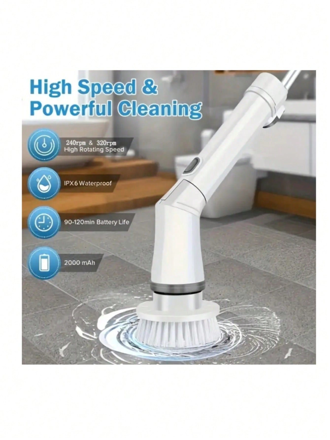 1 Set Electric Spin Scrubber Cleaning Brush With Long Handle Shower Cleaner And 6pcs Brushes Head For Bathtub & Tiles, 90-120 Mins Running Time For Whole Bathroom Cleaning, 240/320 Rpm Cordless Power Supply, Including Usb-c Charge Cable