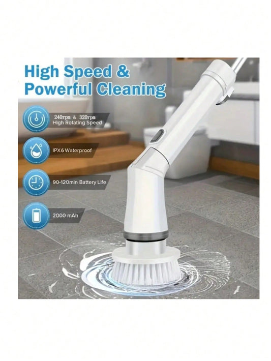 1 Set Electric Spin Scrubber Cleaning Brush With Long Handle Shower Cleaner And 6pcs Brushes Head For Bathtub & Tiles, 90-120 Mins Running Time For Whole Bathroom Cleaning, 240/320 Rpm Cordless Power Supply, Including Usb-c Charge Cable