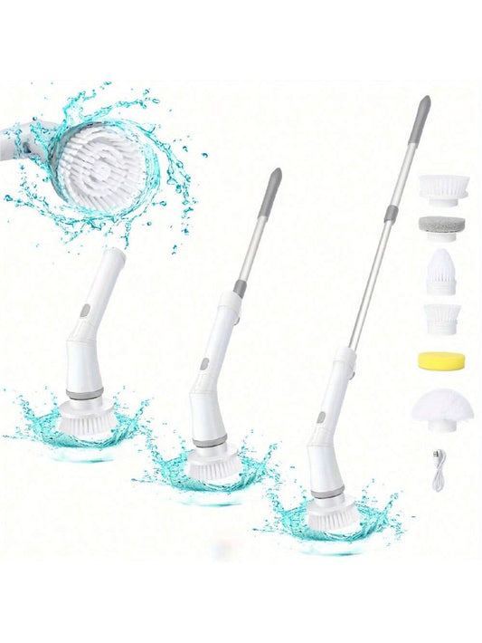1 Set, Electric Spin Scrubber With 6 Replaceable Brush Head, Power Cordless Electric Cleaning Brush With Adjustable Long Handle, Rechargeable Shower Scrubber, For Bathroom, Kitchen, Bathtub, Tile, Shower, Car, Cleaning Supplies