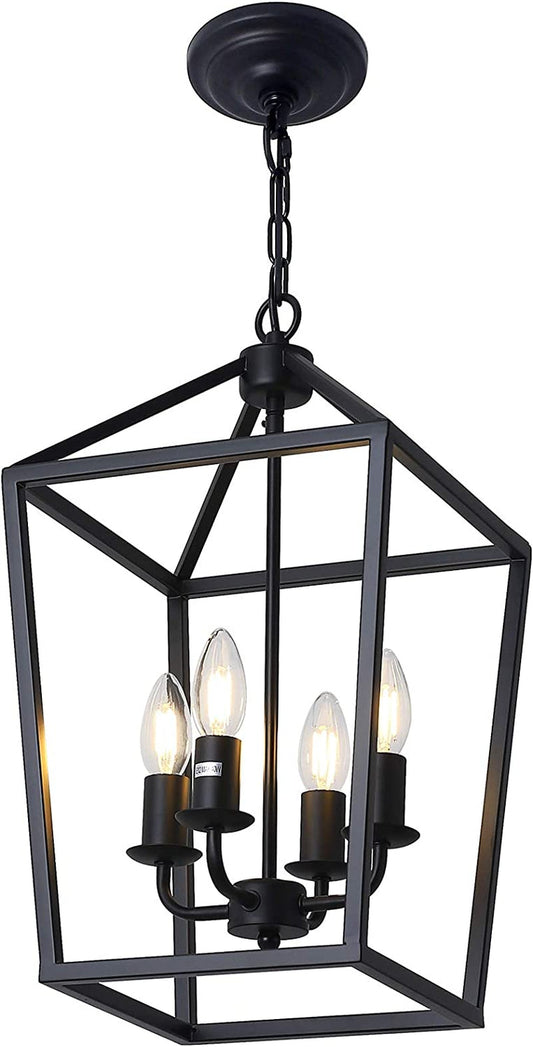 PAKOKULA 4-Light Black Farmhouse Chandelier Iron Lantern Pendant Light Rustic Cage Hanging Light Fixtures Industrial Foyer Lights for Kitchen Island Dining Room Hallway Foyer Entryway