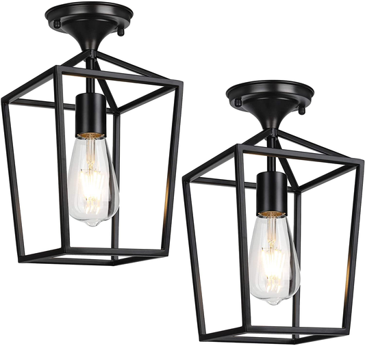 Semi-Flush Mount Ceiling Lights, Black Industrial Ceiling Light Fixtures, E26 Base Farmhouse Lighting for Porch Hallway Stairway Garage Laundry Room, 2 Packs