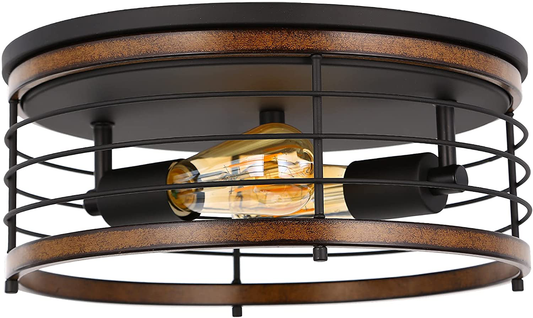 Close to Ceiling Lights, 13 Inches 2 Lights Flush Mount Ceiling Light Fixture, Cylindrical Metal Imitation Wood Ceiling Lamp, Industrial Farmhouse Ceiling Light for Hallway, Entryway, Bedroom, Balcony