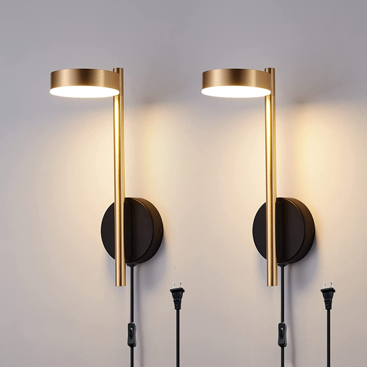 LED Wall Sconce Plug in Set of 2 Gold Wall Light for Bedroom Headboard Wall Lamp with Switch 6W Rotatable Sconces Wall Lighting