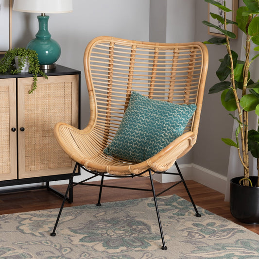 Colorado Modern Bohemian Natural Brown Rattan And Black Metal Accent Chair