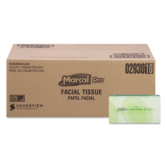 Marcal 100% Recycled Convenience Pack Facial Tissue, Septic Safe, 2-Ply, White, 100 Sheets/Box, 30 Boxes/Carton - MRC2930